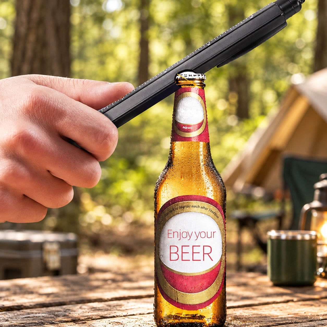 Barrel notch engaged around the crown-cap rim, following the original product photograph; styled camping scene