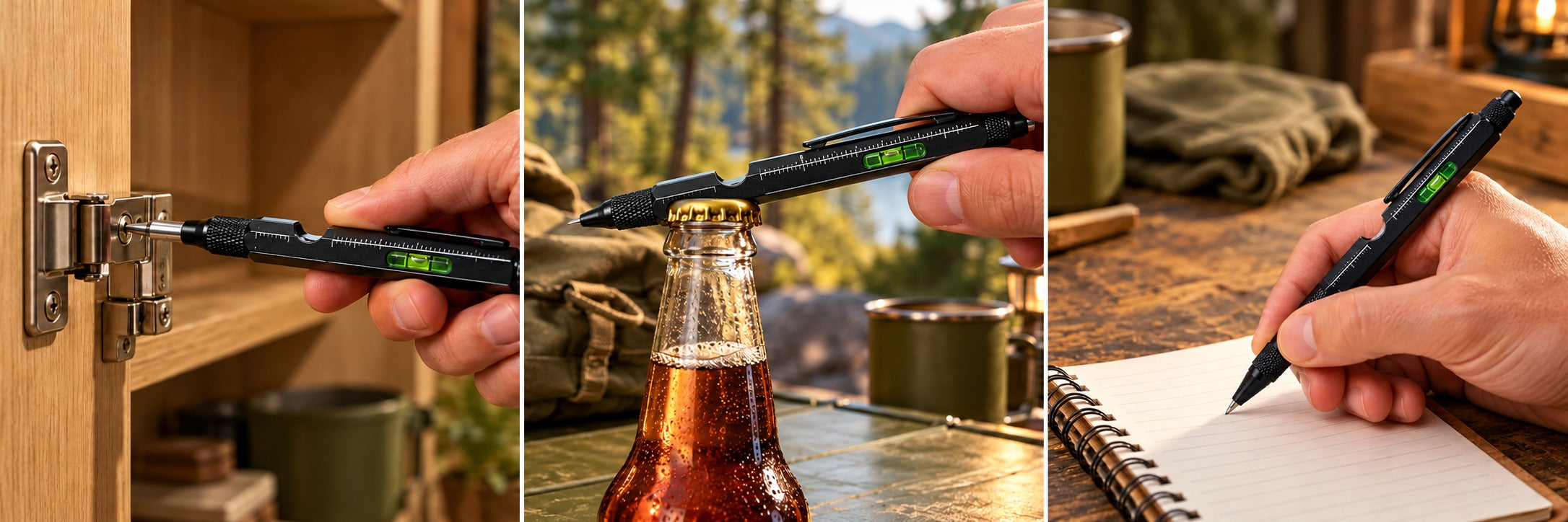 Tool pen screwdriver adjusting a cabinet hinge; styled illustration
