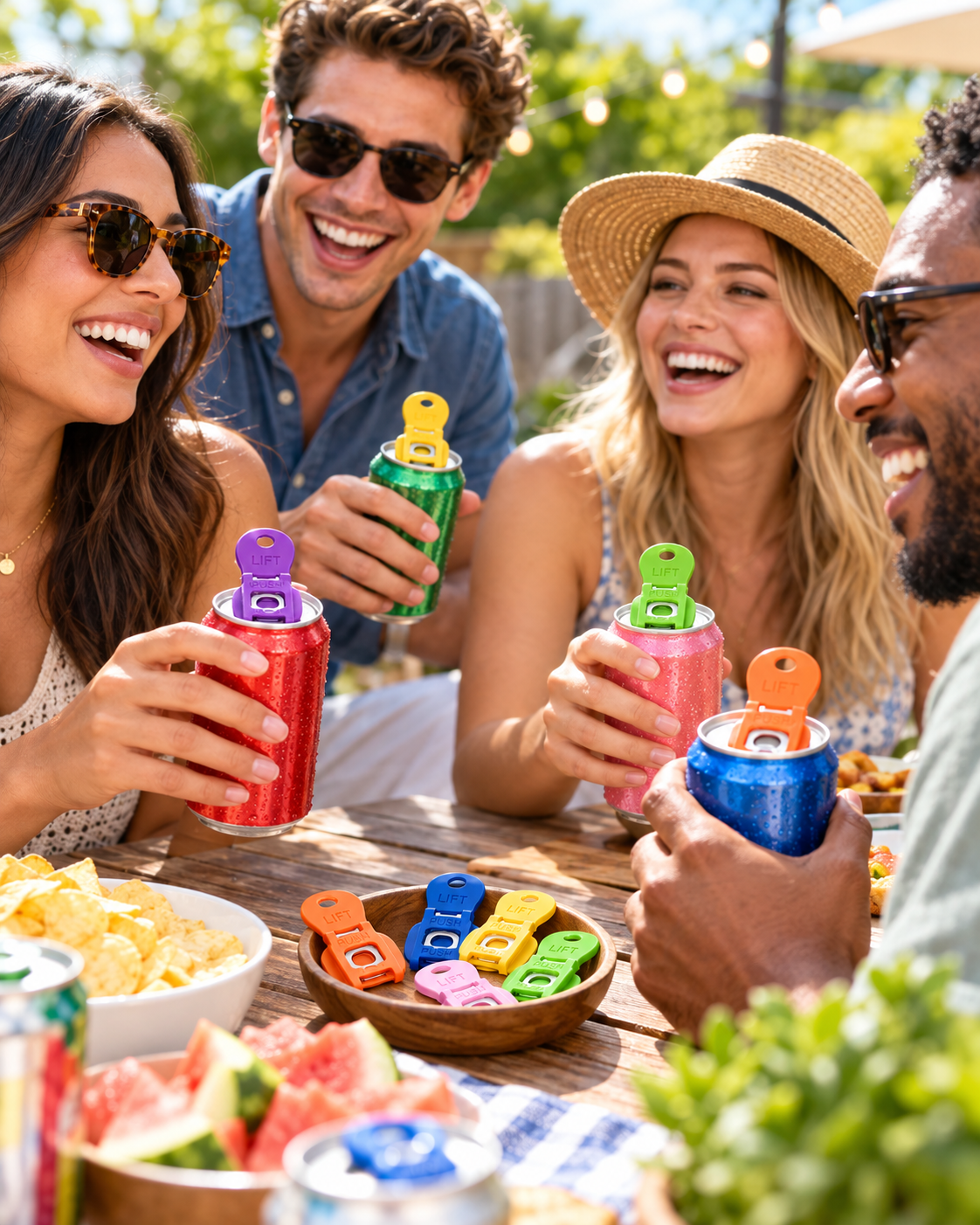 Friends using colorful can accessories at a backyard party