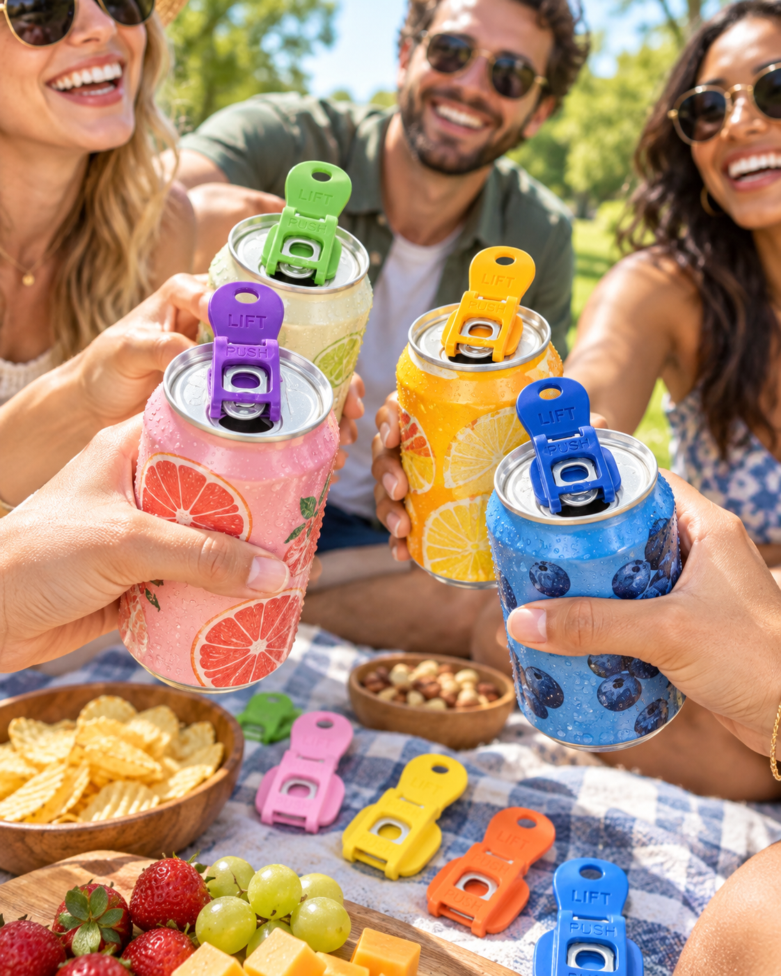 Friends using reusable can accessories during an outdoor picnic