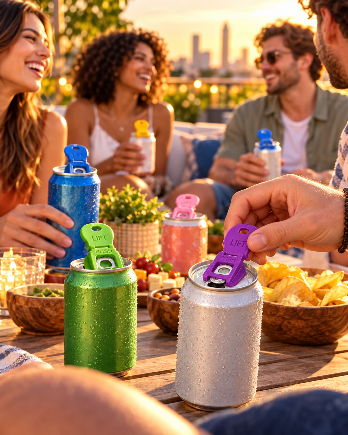 Friends using colorful can accessories at a rooftop gathering