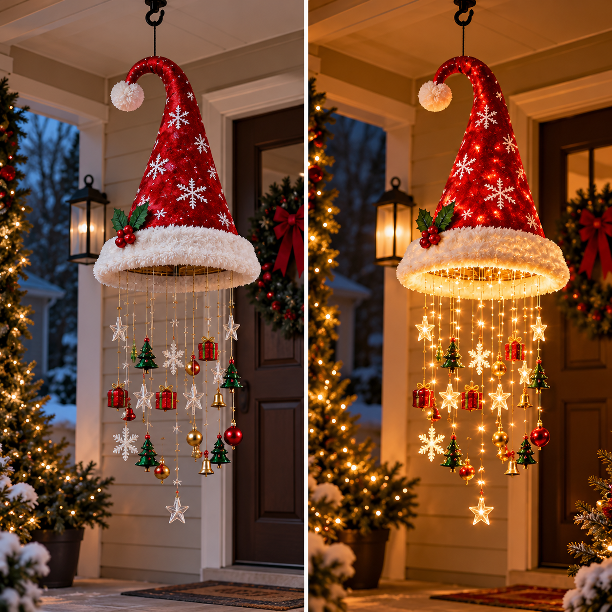 Before and after Christmas porch transformation with Santa hat hanging light