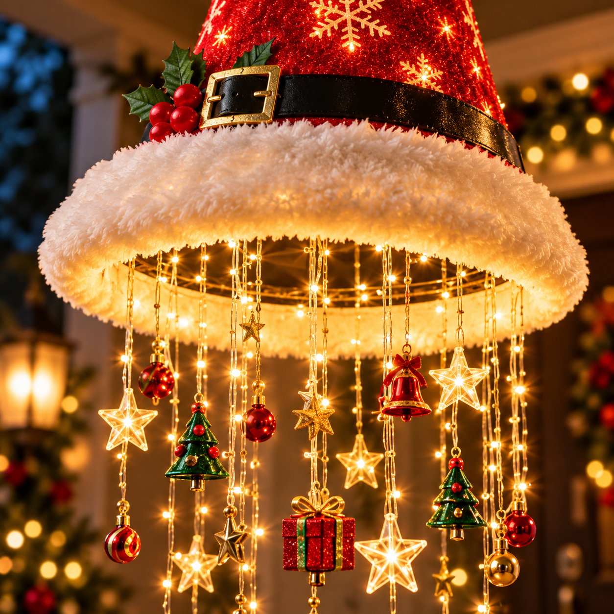 Close up of warm LED tassels and Christmas hanging ornaments