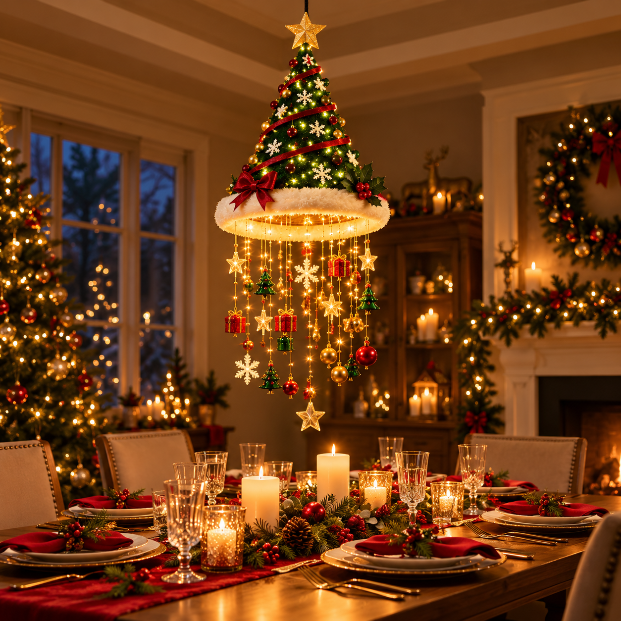 Santa hat hanging light near Christmas dinner table