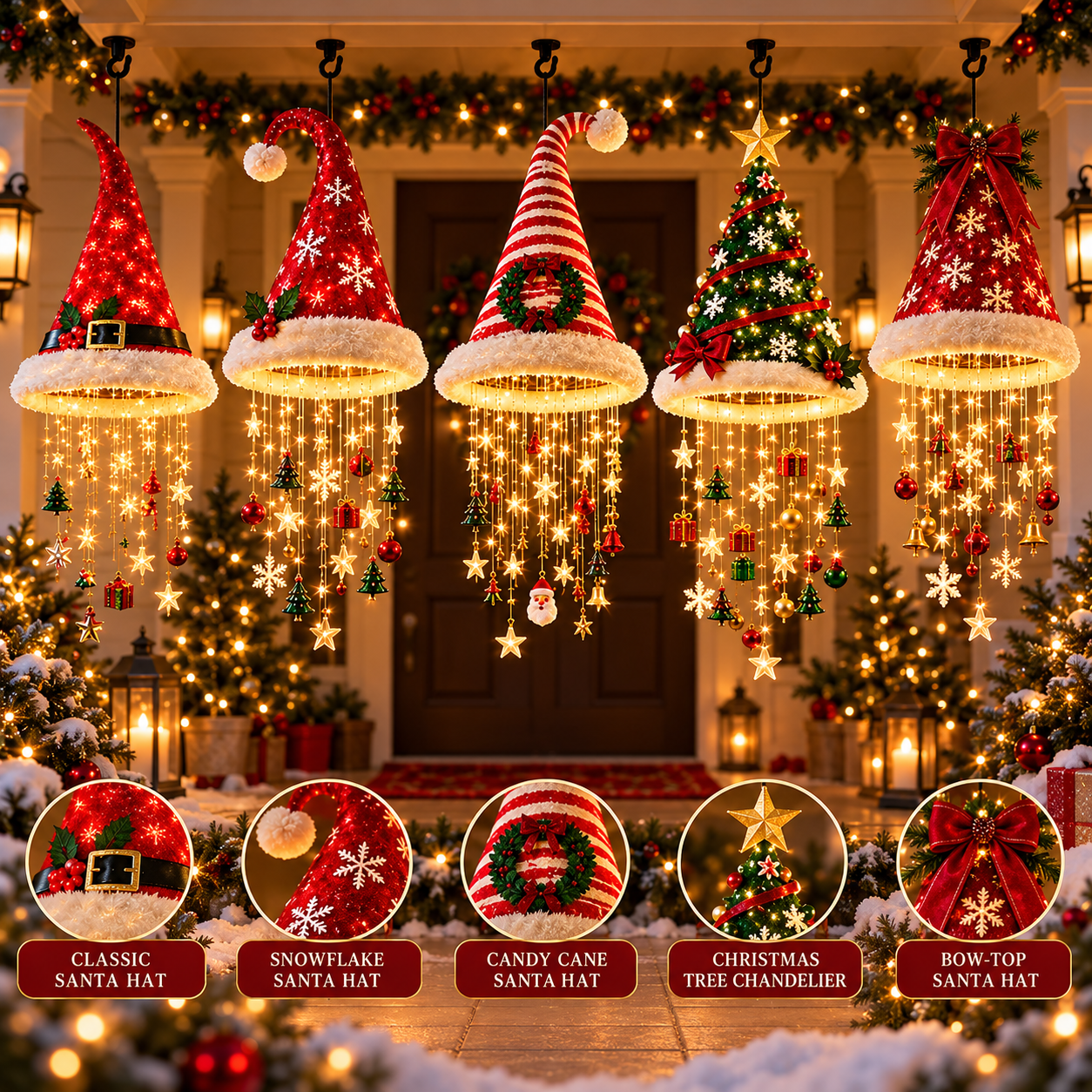 Five styles of lighted Christmas hanging decorations