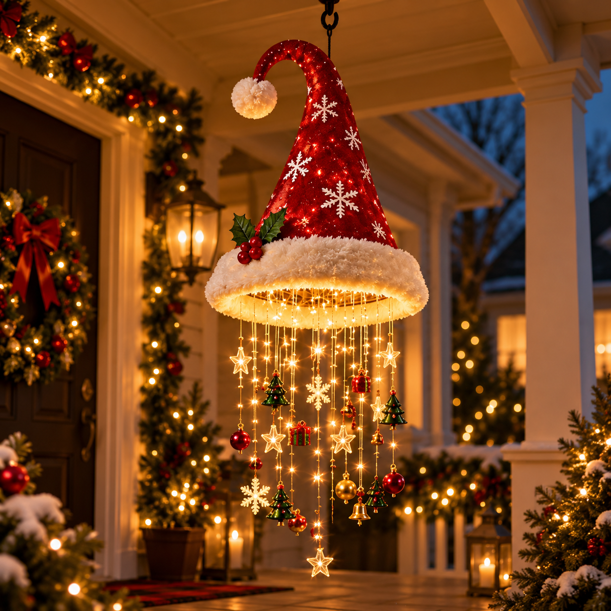 Lighted Santa hat Christmas hanging chandelier glowing on a festive porch