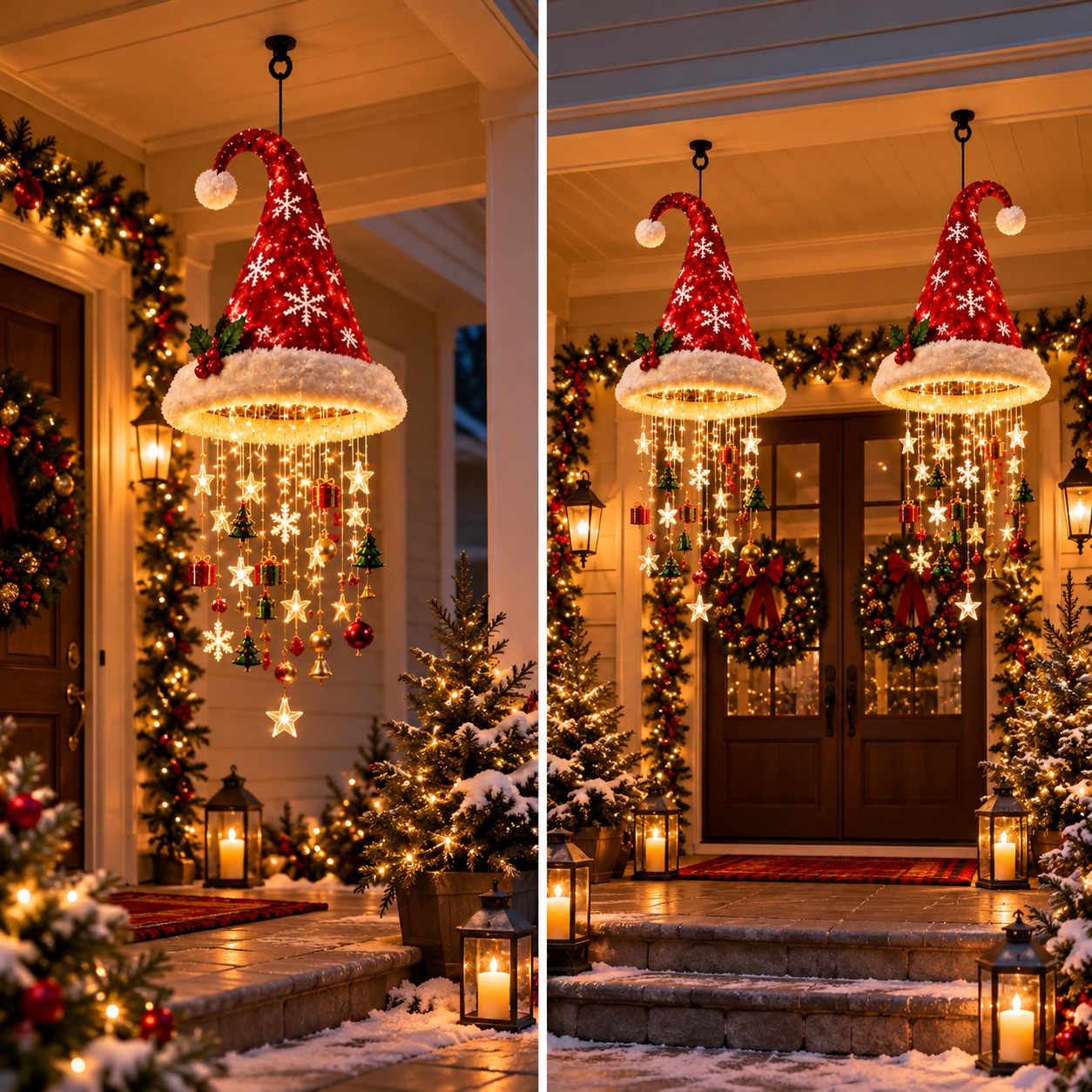 One versus two Santa hat hanging Christmas lights