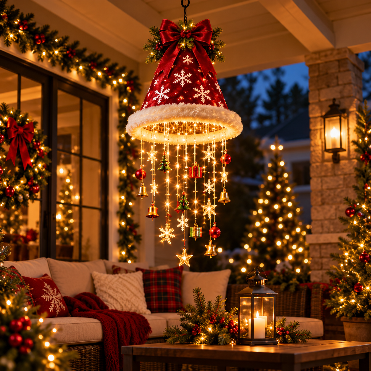 Santa hat hanging light on covered Christmas patio