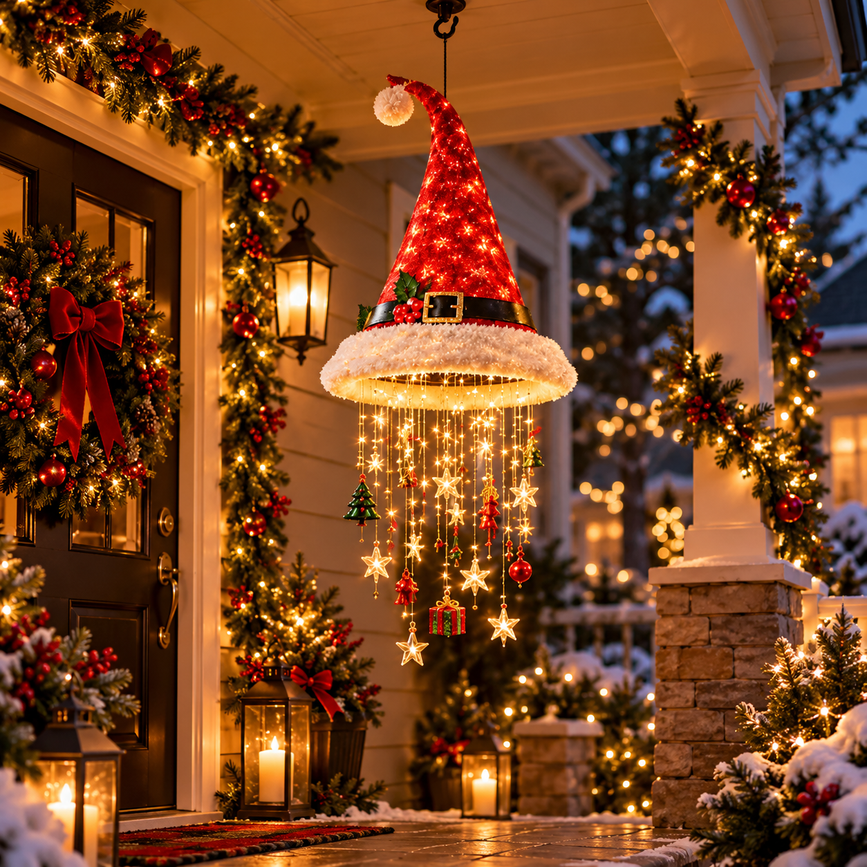 Santa hat hanging light on Christmas front porch