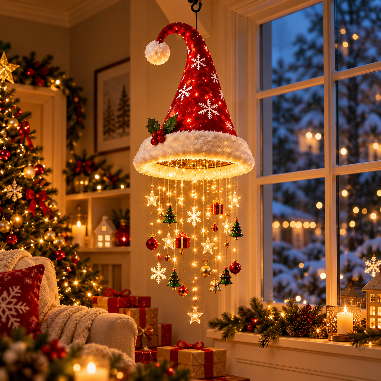 Santa hat hanging light in Christmas living room window