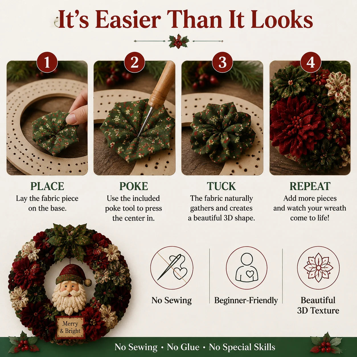 Christmas 3D Fabric Poke Wreath DIY Kit step by step instructions