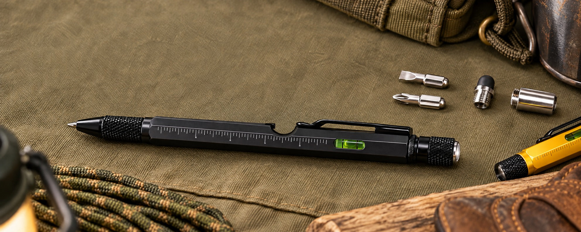 Black tool pen with its barrel-notch bottle opener, ruler and bubble level on olive canvas; styled illustration